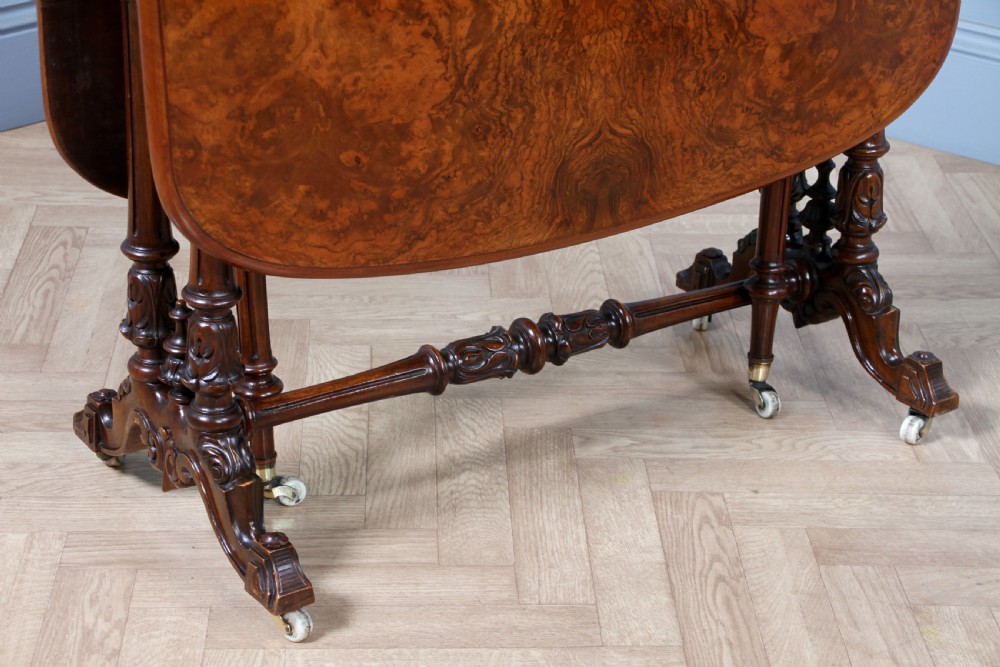 Antique Early Victorian Burr Walnut Carved Drop Leaf Sutherland Dining Table View VII