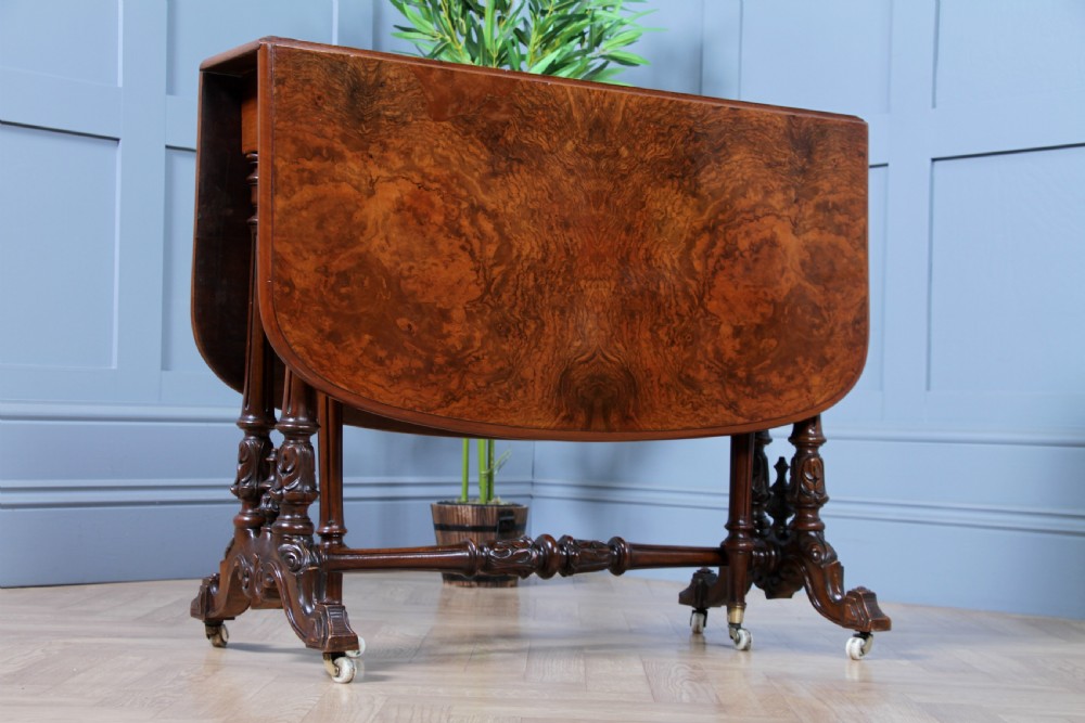 Antique Early Victorian Burr Walnut Carved Drop Leaf Sutherland Dining Table View VIII