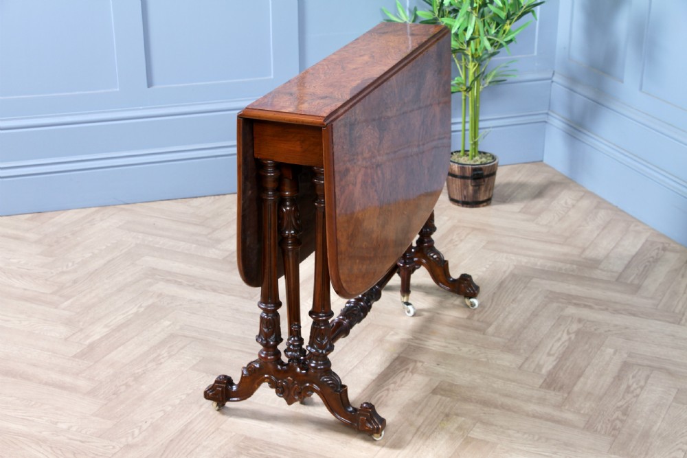 Antique Early Victorian Burr Walnut Carved Drop Leaf Sutherland Dining Table View X