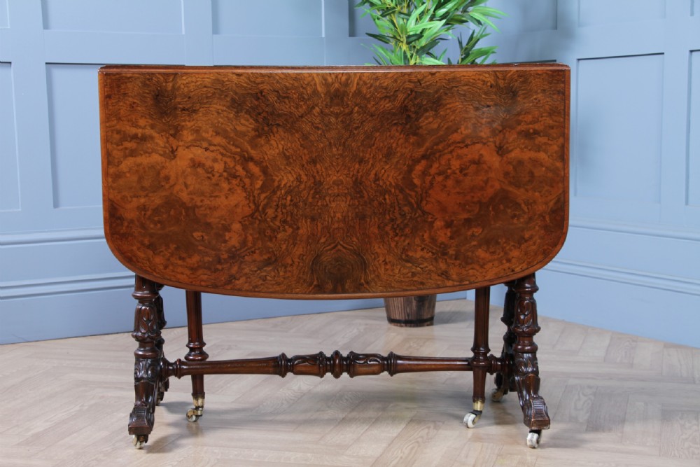 Antique Early Victorian Burr Walnut Carved Drop Leaf Sutherland Dining Table View XVII