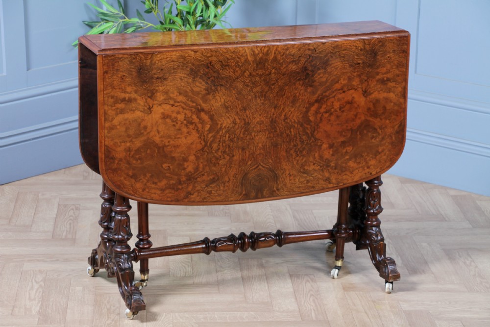 Antique Early Victorian Burr Walnut Carved Drop Leaf Sutherland Dining Table View XVIII