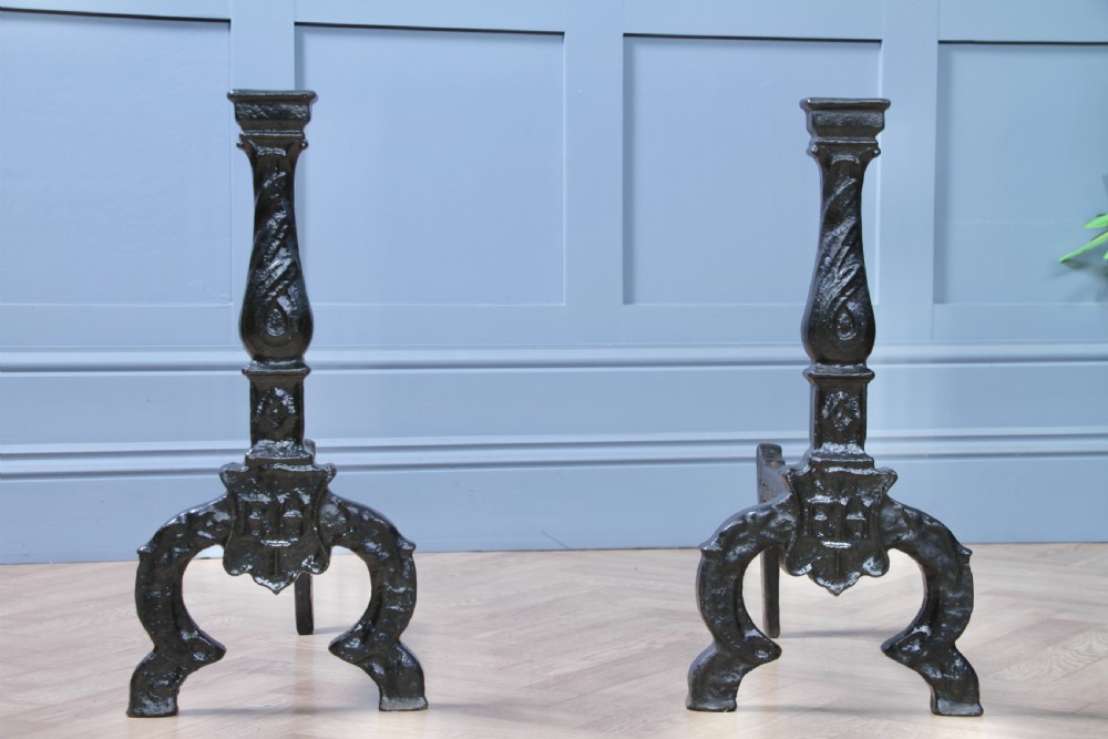 Pair Of Heavy Antique Georgian Fireside Andirons Black Cast Iron Fire Dogs C1800 View V