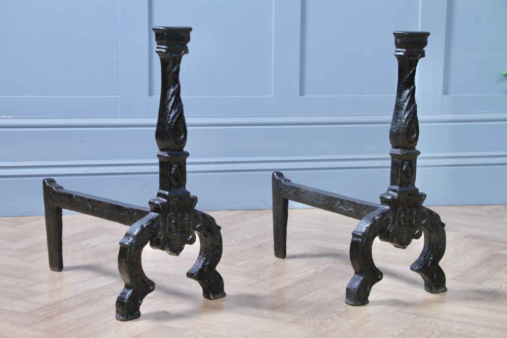 Pair Of Heavy Antique Georgian Fireside Andirons Black Cast Iron Fire Dogs C1800 View VI
