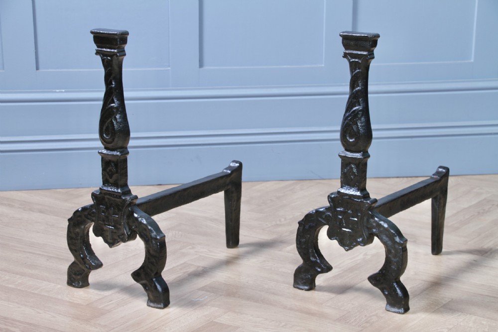 Pair Of Heavy Antique Georgian Fireside Andirons Black Cast Iron Fire Dogs C1800 View VII
