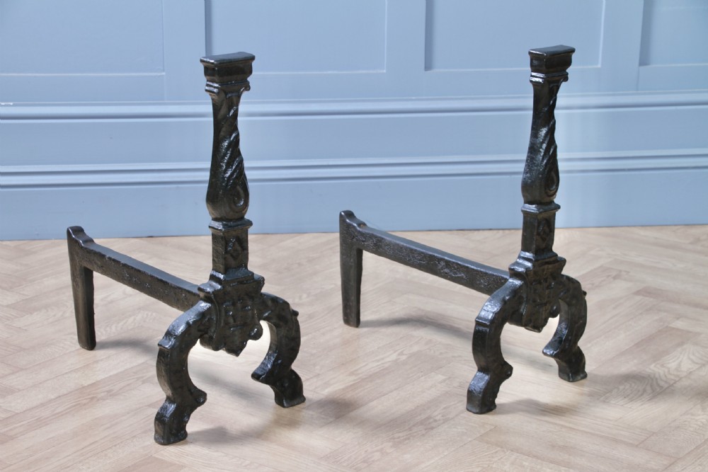 Pair Of Heavy Antique Georgian Fireside Andirons Black Cast Iron Fire Dogs C1800 View VIII