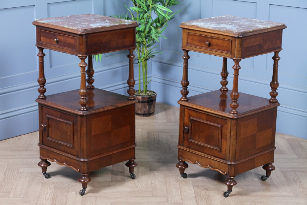 Pair of Antique French 19th Century Parquetry Walnut Bedside Cupboards C1890 View V