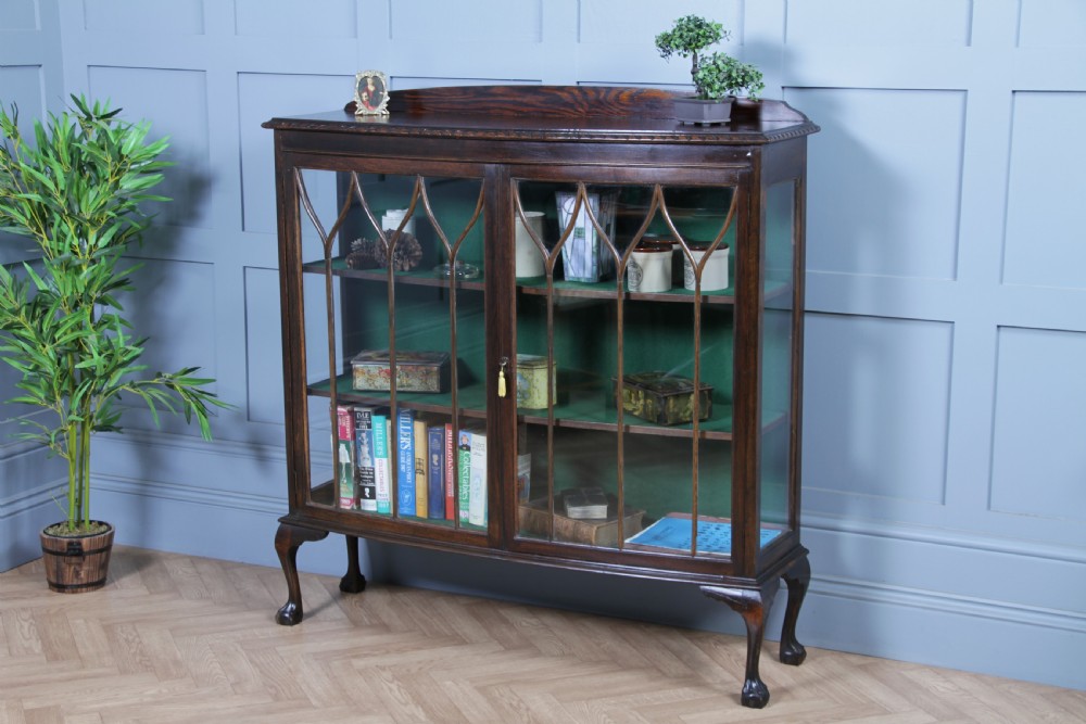 Antique Oak Gothic Glazed Display China Cabinet on Queen Anne Legs 1920 View VI
