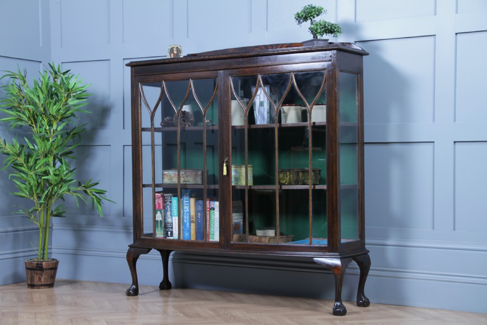 Antique Oak Gothic Glazed Display China Cabinet on Queen Anne Legs 1920 View II