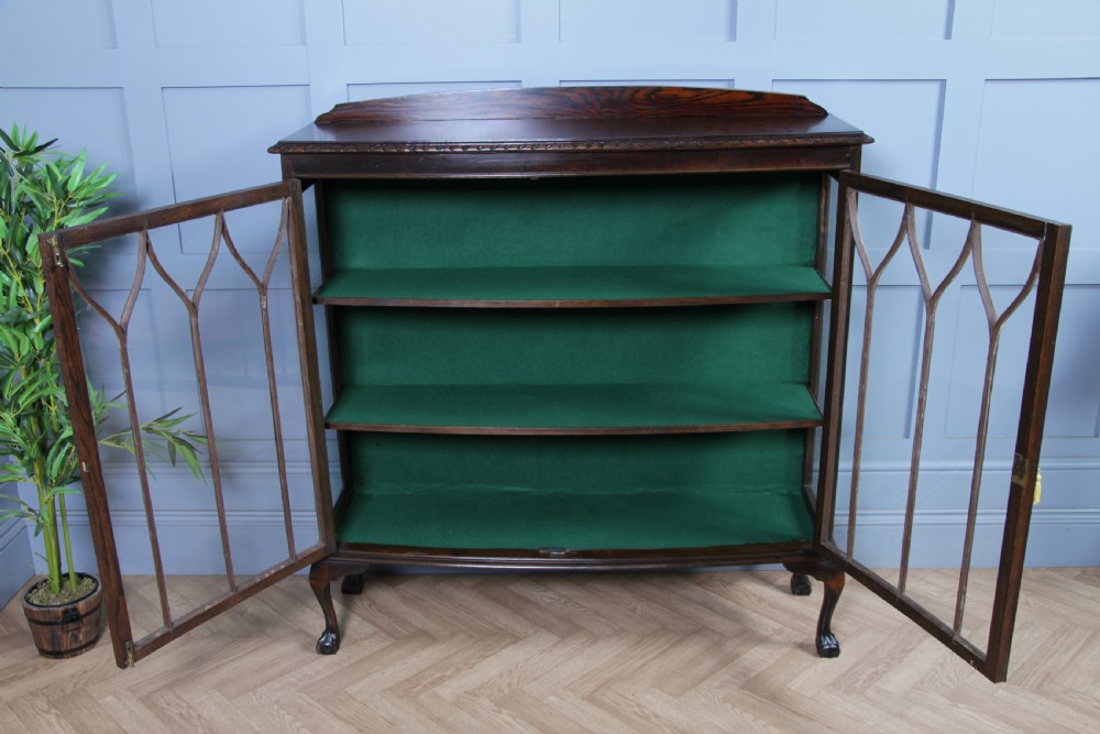 Antique Oak Gothic Glazed Display China Cabinet on Queen Anne Legs 1920 View IV