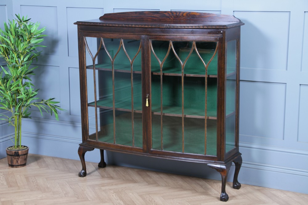 Antique Oak Gothic Glazed Display China Cabinet on Queen Anne Legs 1920