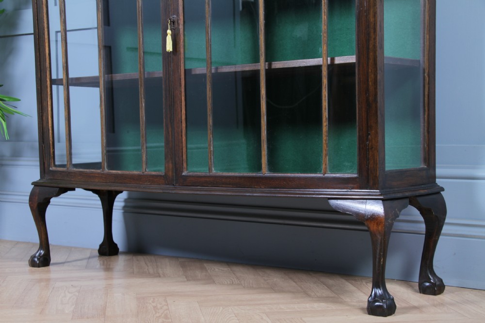 Antique Oak Gothic Glazed Display China Cabinet on Queen Anne Legs 1920 View VII