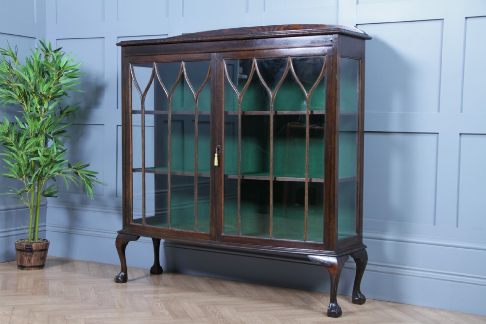 Antique Oak Gothic Glazed Display China Cabinet on Queen Anne Legs 1920 View VIII