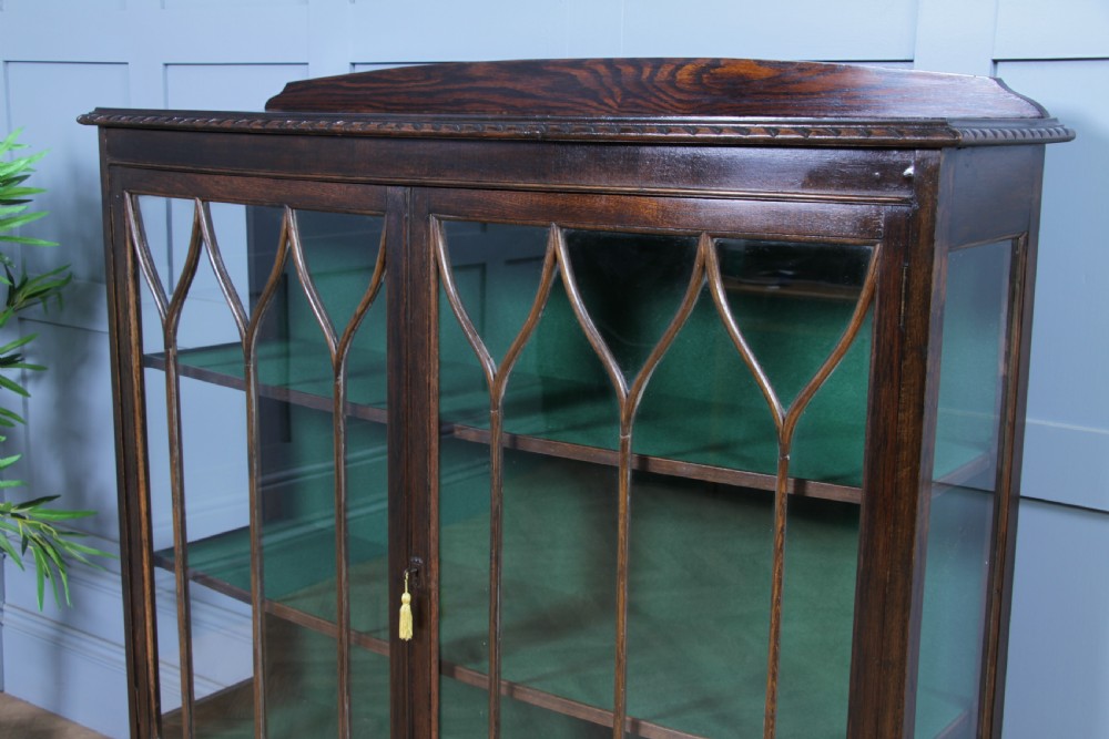 Antique Oak Gothic Glazed Display China Cabinet on Queen Anne Legs 1920 View IX