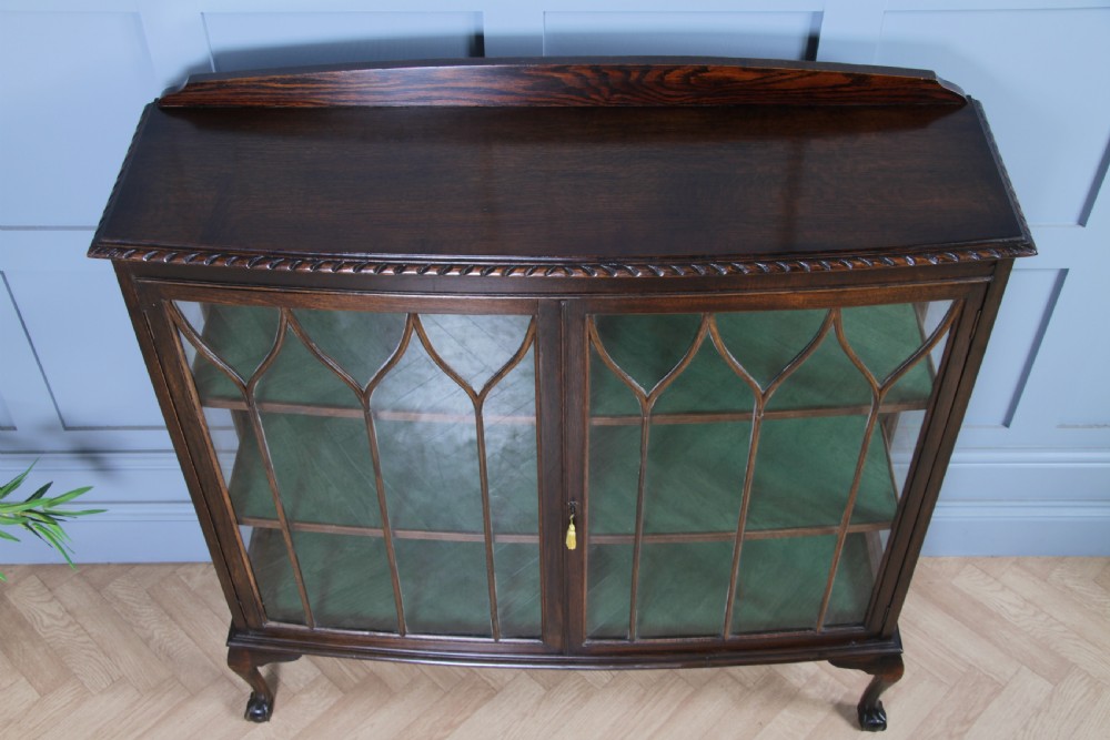 Antique Oak Gothic Glazed Display China Cabinet on Queen Anne Legs 1920 View X
