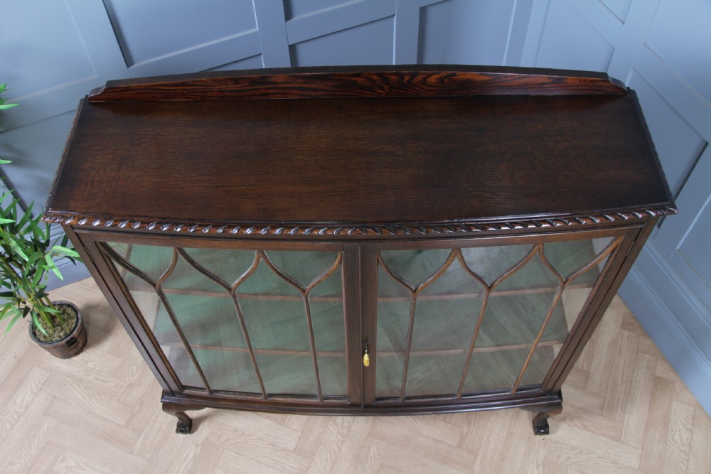 Antique Oak Gothic Glazed Display China Cabinet on Queen Anne Legs 1920 View XII