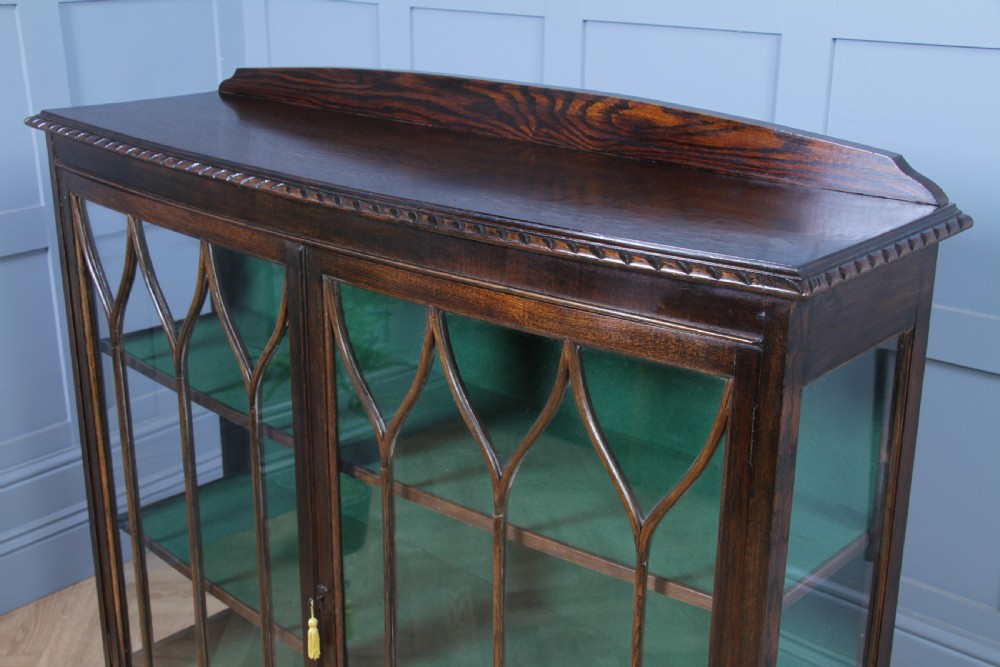 Antique Oak Gothic Glazed Display China Cabinet on Queen Anne Legs 1920 View XIV