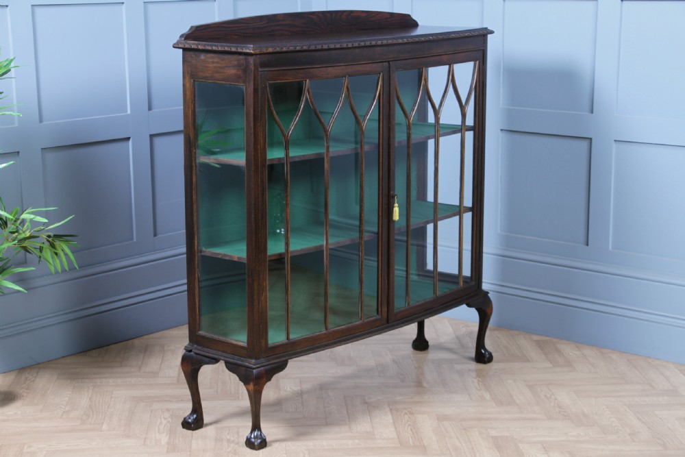 Antique Oak Gothic Glazed Display China Cabinet on Queen Anne Legs 1920 View XV