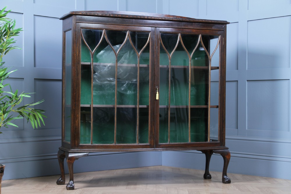 Antique Oak Gothic Glazed Display China Cabinet on Queen Anne Legs 1920 View XVII