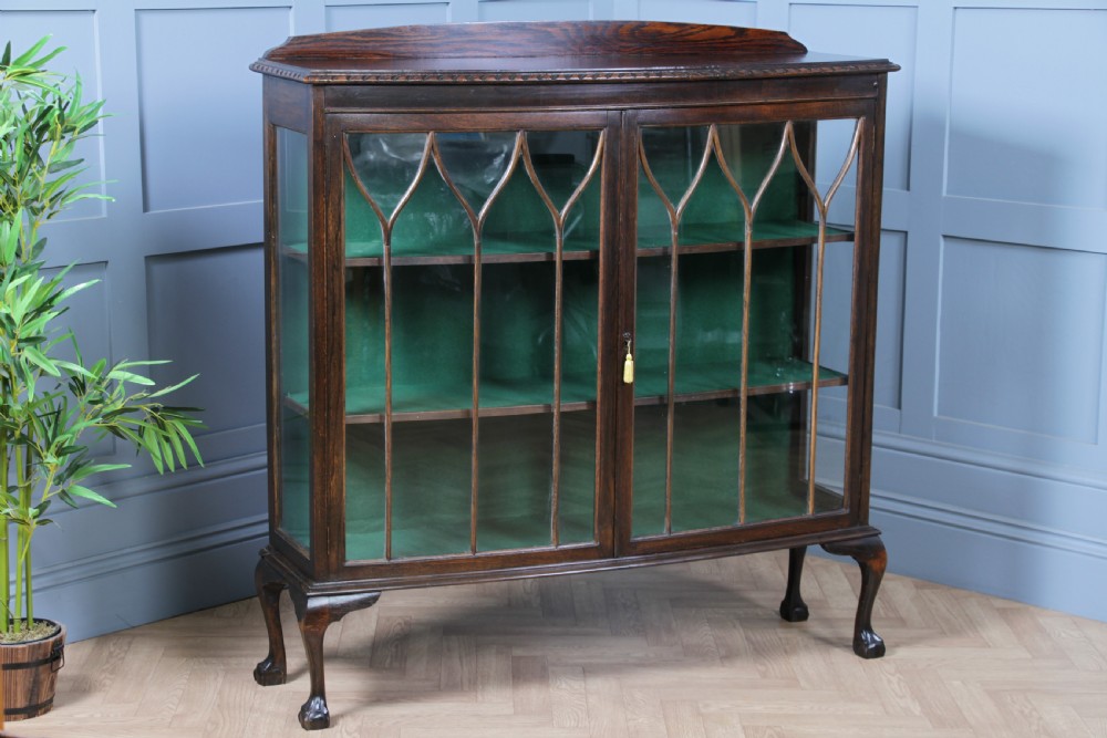 Antique Oak Gothic Glazed Display China Cabinet on Queen Anne Legs 1920 View XVIII
