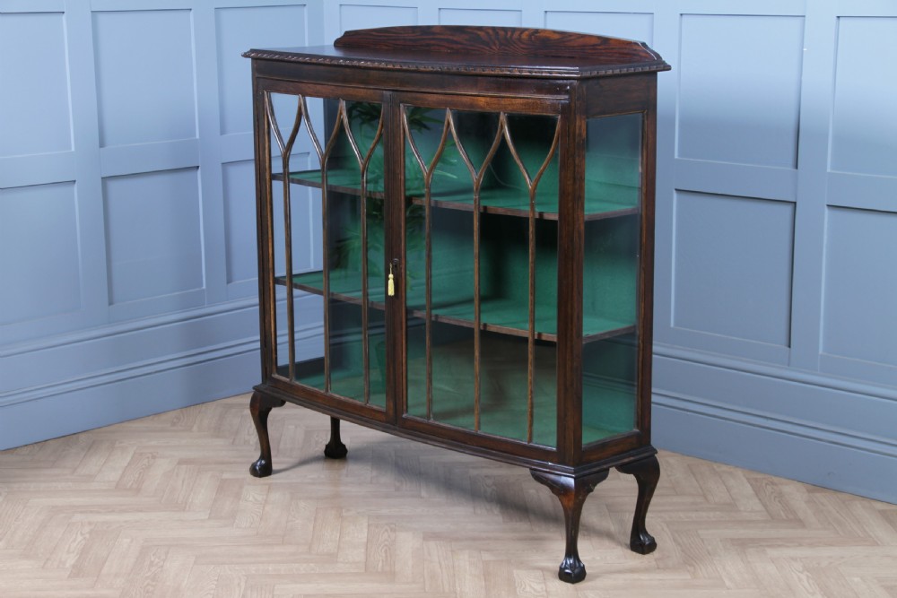 Antique Oak Gothic Glazed Display China Cabinet on Queen Anne Legs 1920 View XIX
