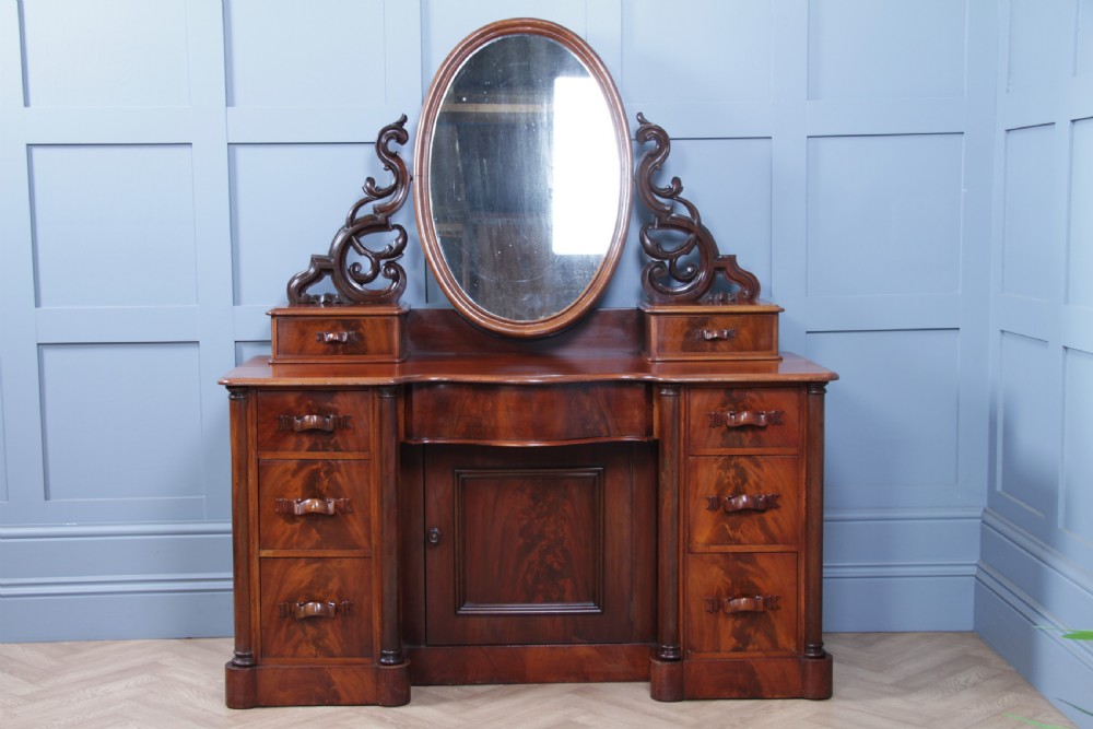 Antique Large Victorian Flame Mahogany Carved Duchess Dressing Table With Mirror