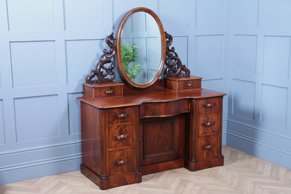 Antique Large Victorian Flame Mahogany Carved Duchess Dressing Table With Mirror View III