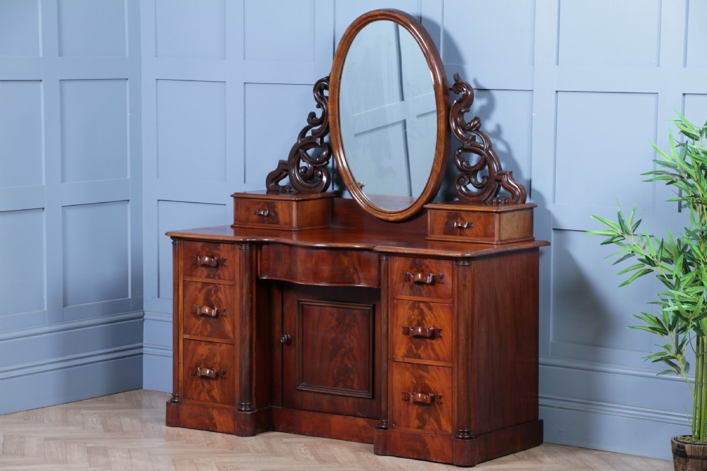 Antique Large Victorian Flame Mahogany Carved Duchess Dressing Table With Mirror View IV