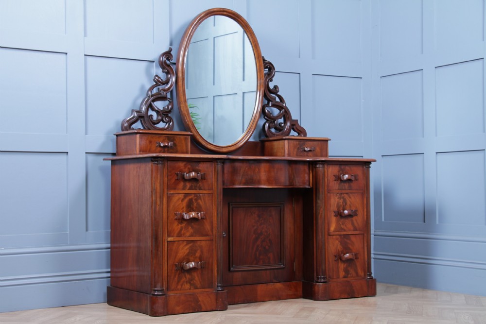 Antique Large Victorian Flame Mahogany Carved Duchess Dressing Table With Mirror View V