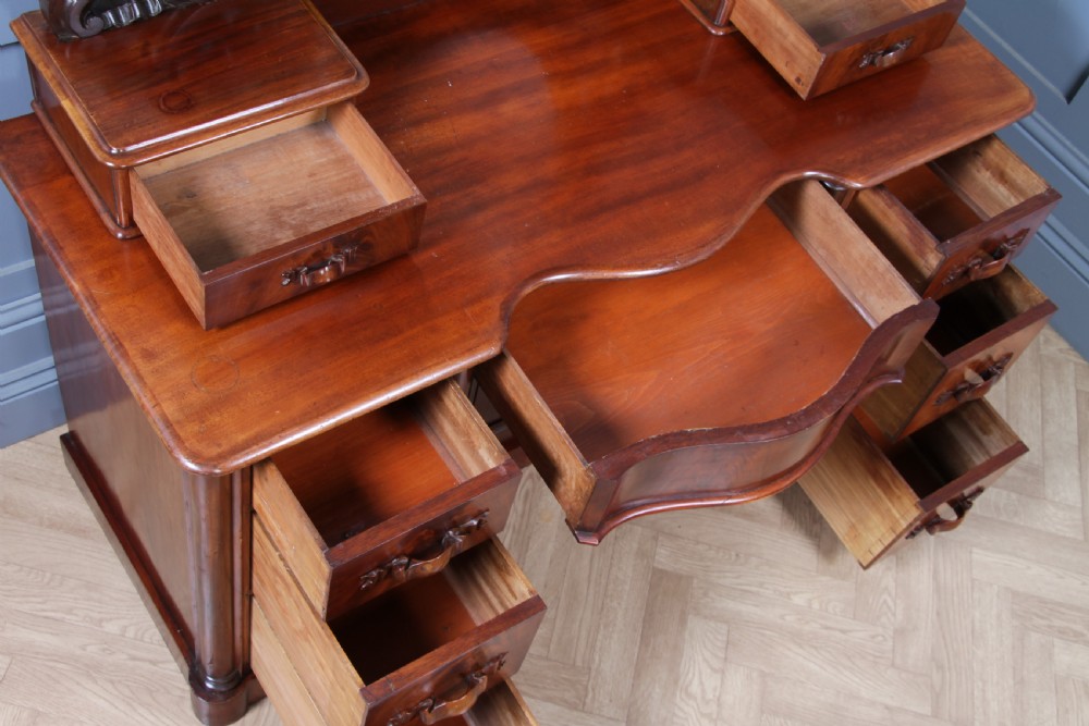 Antique Large Victorian Flame Mahogany Carved Duchess Dressing Table With Mirror View VII