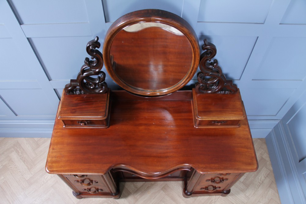 Antique Large Victorian Flame Mahogany Carved Duchess Dressing Table With Mirror View XIII