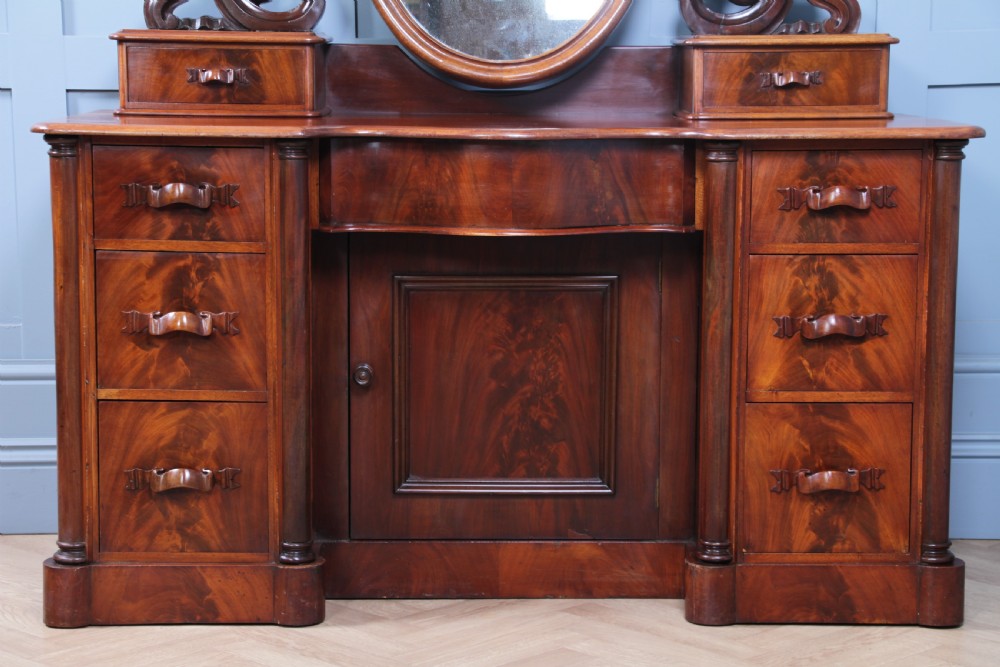 Antique Large Victorian Flame Mahogany Carved Duchess Dressing Table With Mirror View XIV