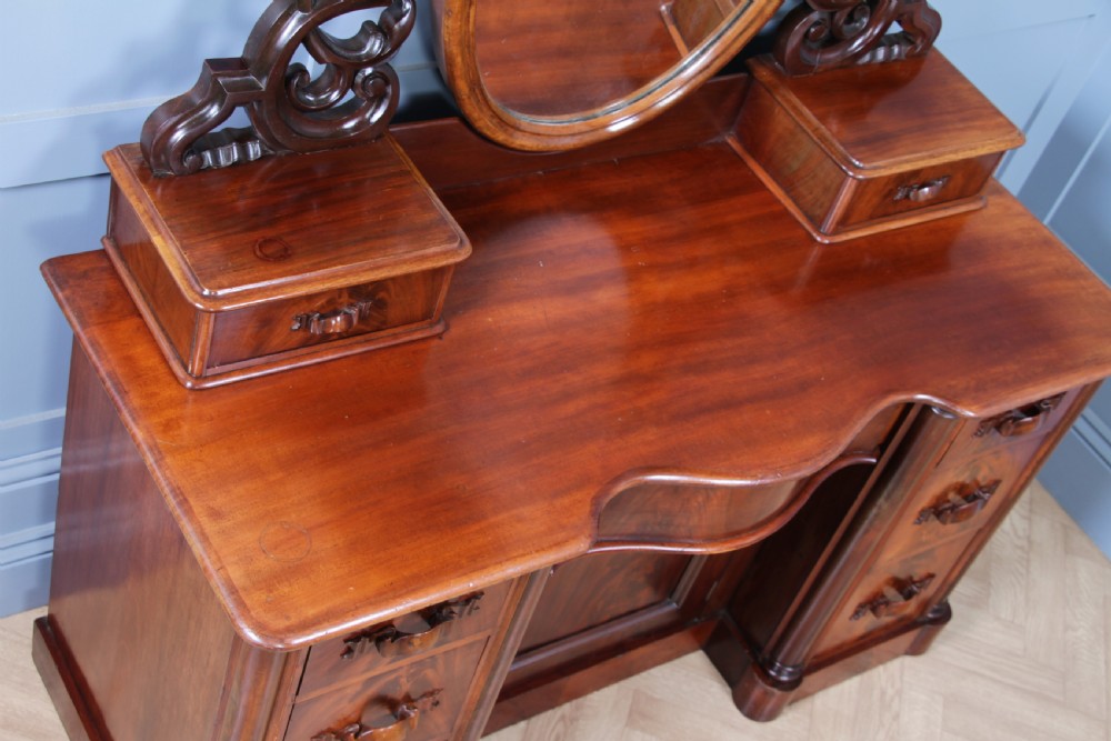 Antique Large Victorian Flame Mahogany Carved Duchess Dressing Table With Mirror View XVI