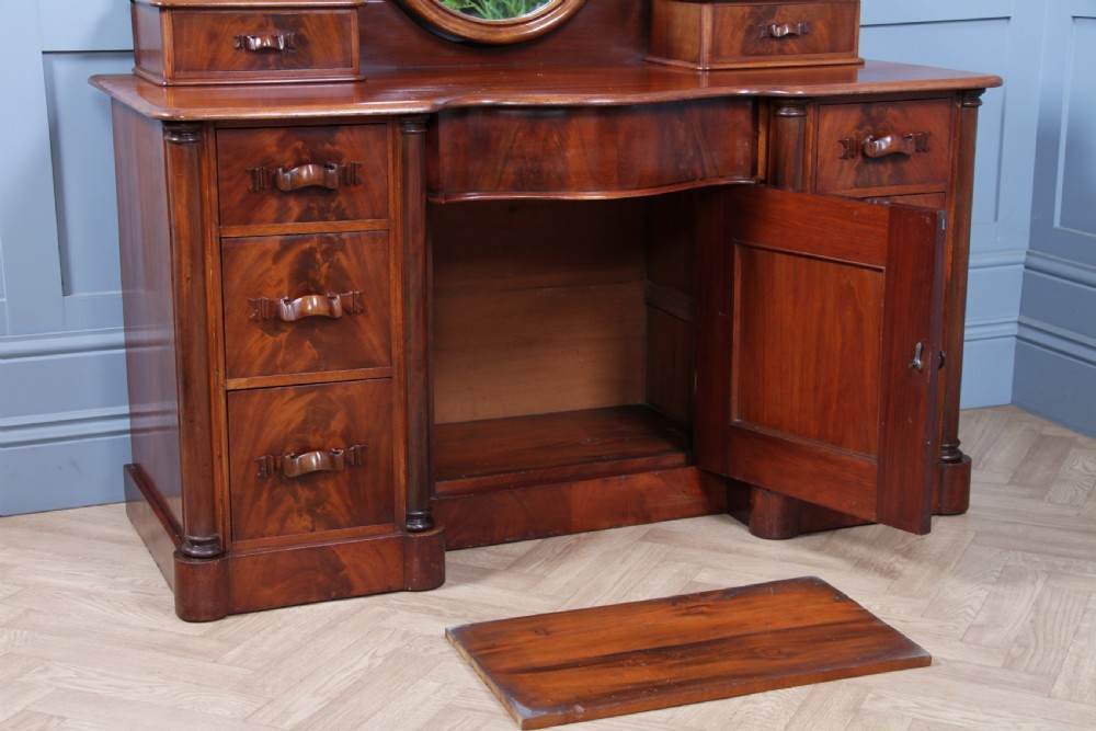 Antique Large Victorian Flame Mahogany Carved Duchess Dressing Table With Mirror View XVII