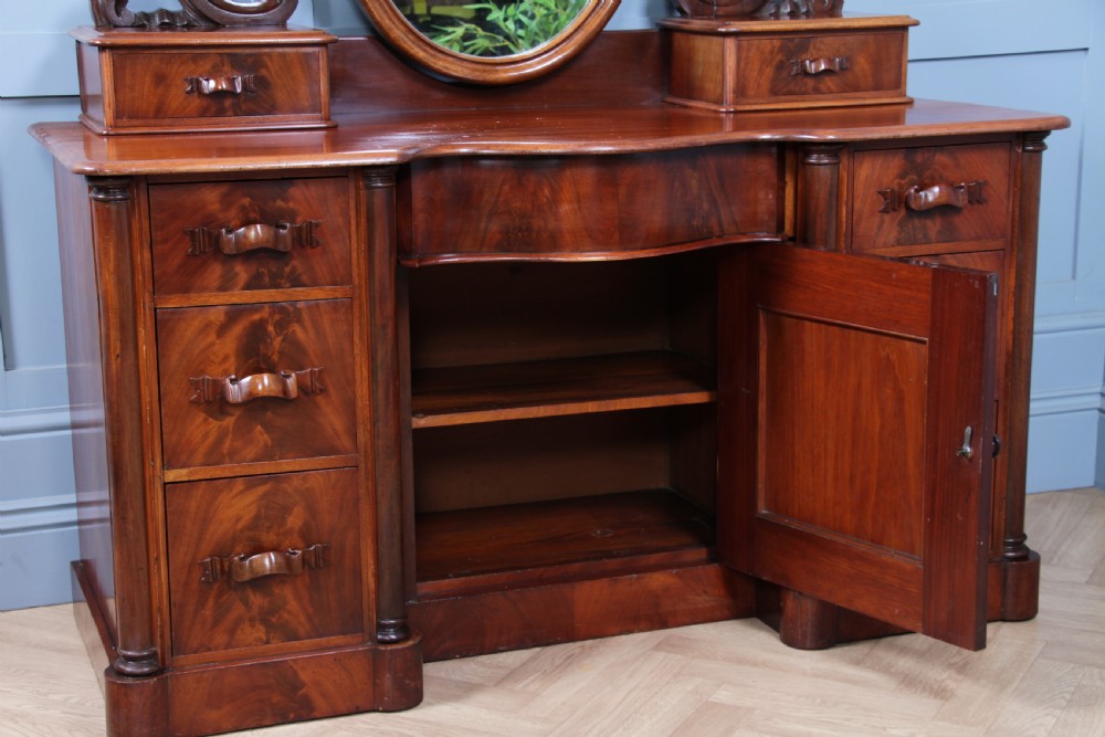 Antique Large Victorian Flame Mahogany Carved Duchess Dressing Table With Mirror View XVIII