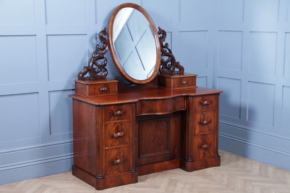 Antique Large Victorian Flame Mahogany Carved Duchess Dressing Table With Mirror View XIX