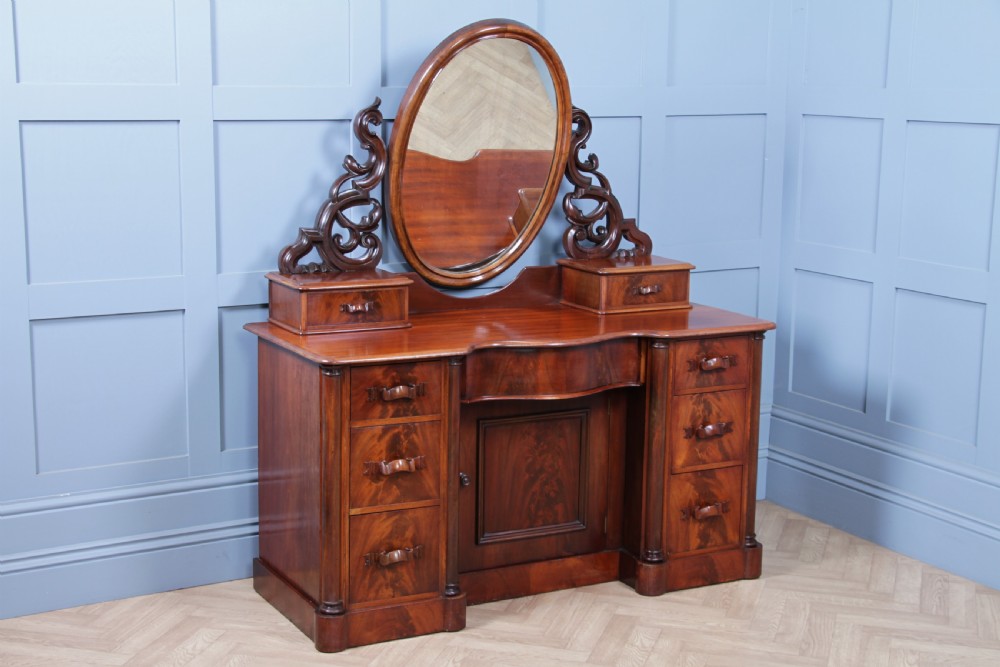 Antique Large Victorian Flame Mahogany Carved Duchess Dressing Table With Mirror View XX