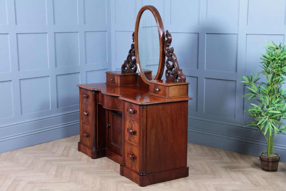 Antique Large Victorian Flame Mahogany Carved Duchess Dressing Table With Mirror View XXI