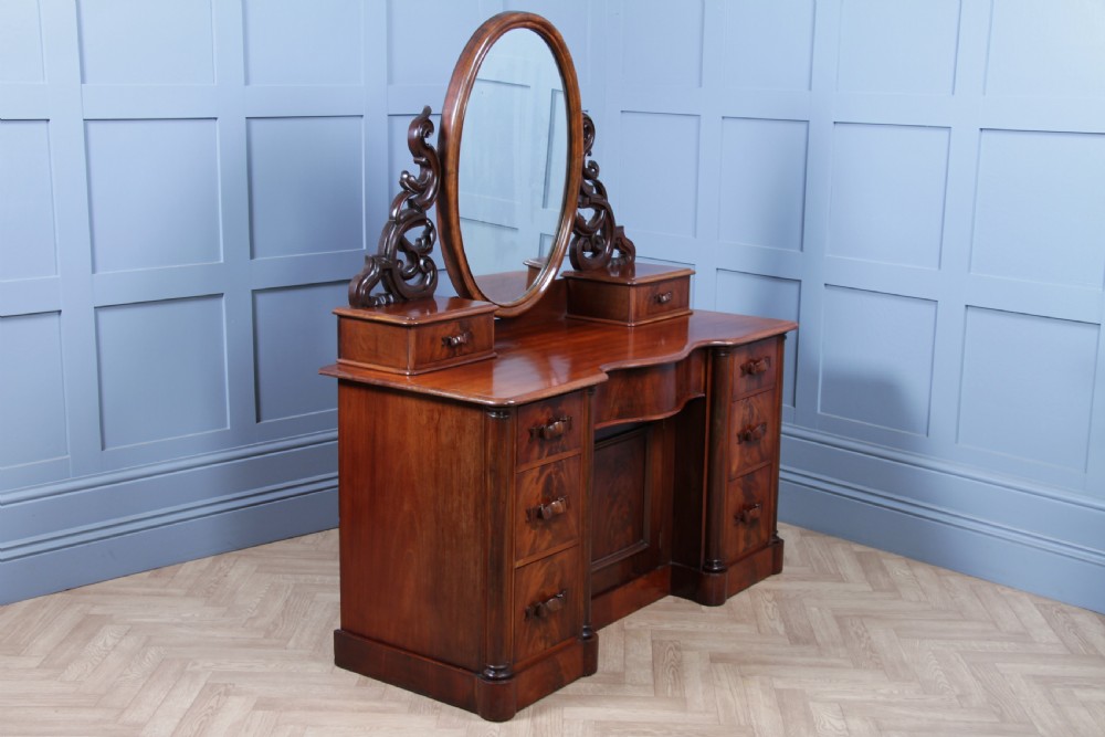 Antique Large Victorian Flame Mahogany Carved Duchess Dressing Table With Mirror View XXII
