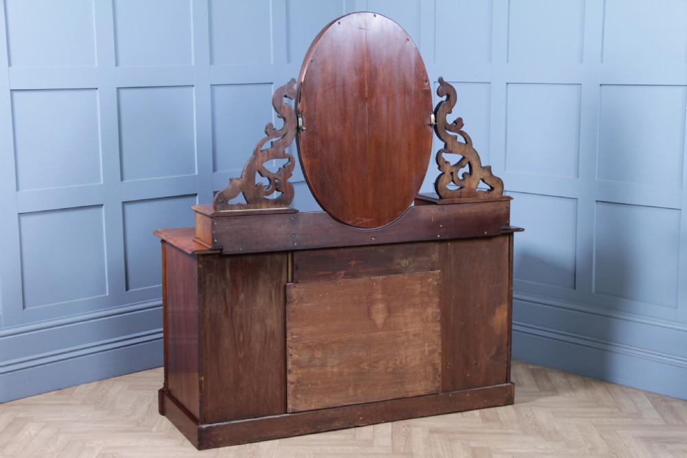 Antique Large Victorian Flame Mahogany Carved Duchess Dressing Table With Mirror View XXIV