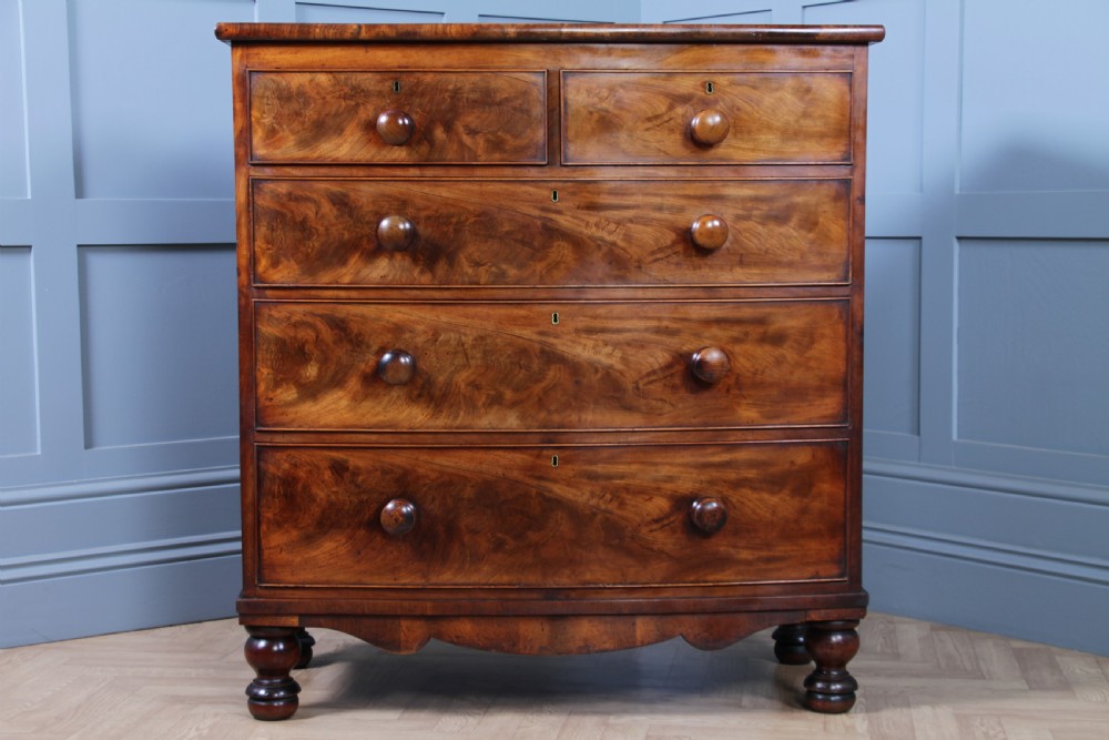 Antique Late Georgian Small Flame Grain Mahogany Bow Front Chest of 5 Drawers View III