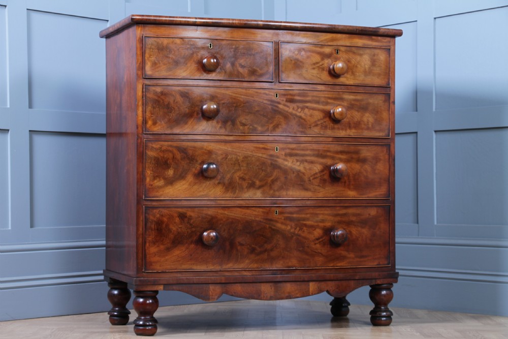 Antique Late Georgian Small Flame Grain Mahogany Bow Front Chest of 5 Drawers View IV