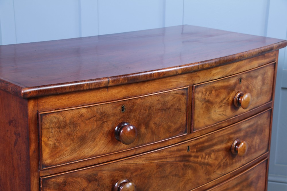 Antique Late Georgian Small Flame Grain Mahogany Bow Front Chest of 5 Drawers View V