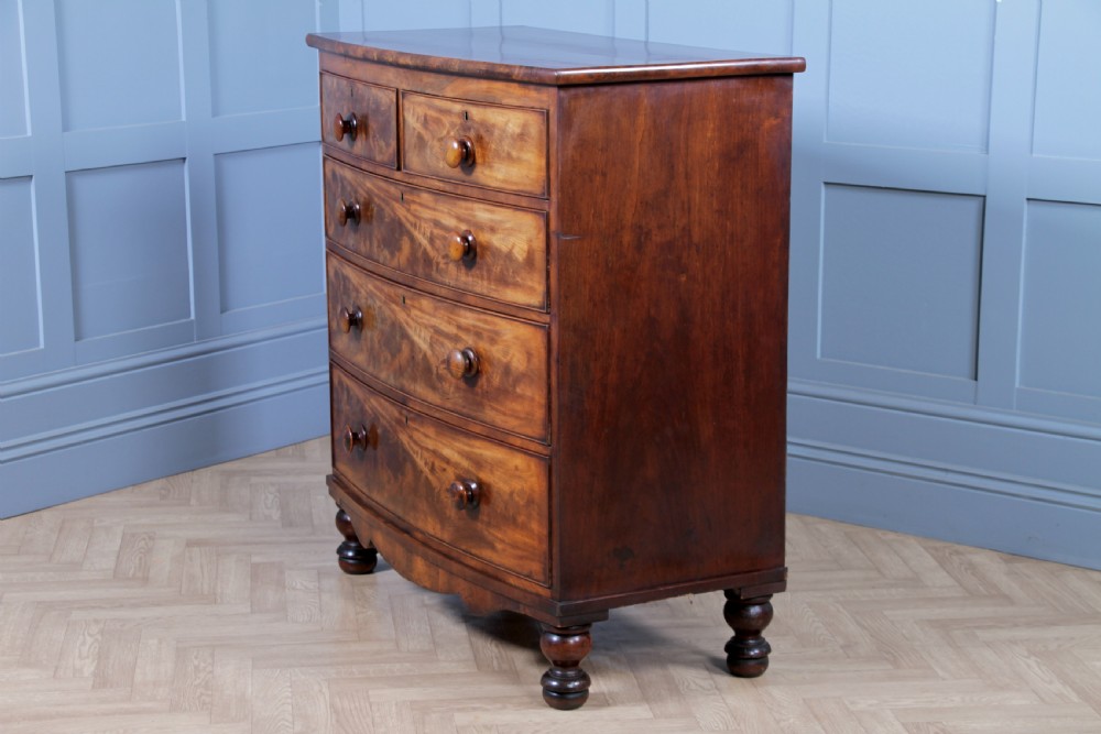 Antique Late Georgian Small Flame Grain Mahogany Bow Front Chest of 5 Drawers View XII