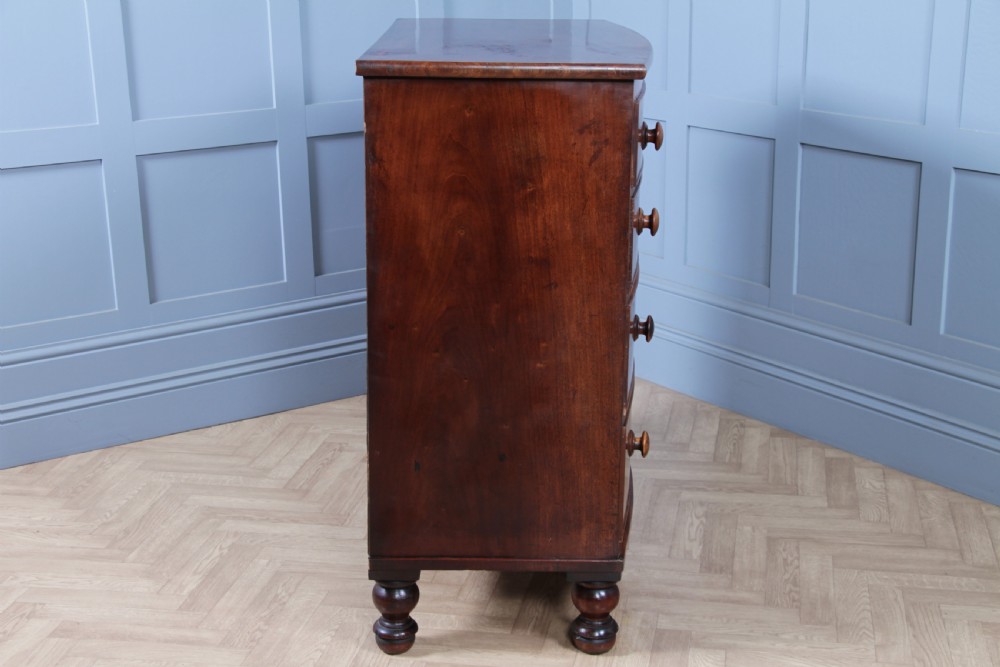 Antique Late Georgian Small Flame Grain Mahogany Bow Front Chest of 5 Drawers View XIII