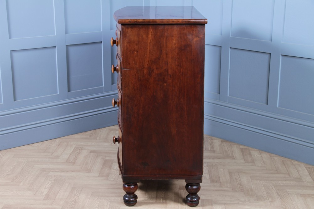Antique Late Georgian Small Flame Grain Mahogany Bow Front Chest of 5 Drawers View XIV