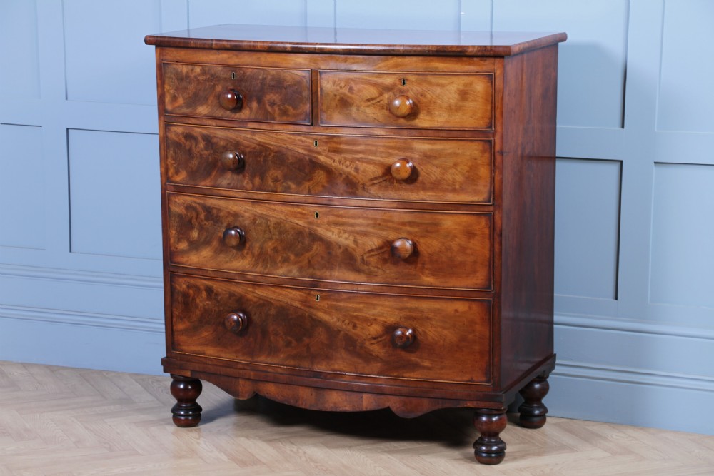 Antique Late Georgian Small Flame Grain Mahogany Bow Front Chest of 5 Drawers View XVIII
