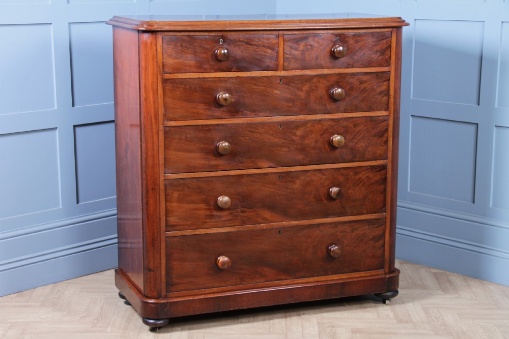 Original Antique Victorian Large Flame Grain Mahogany Chest of 6 Deep Drawers