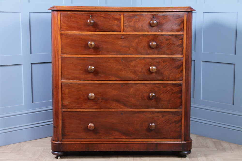 Original Antique Victorian Large Flame Grain Mahogany Chest of 6 Deep Drawers View III