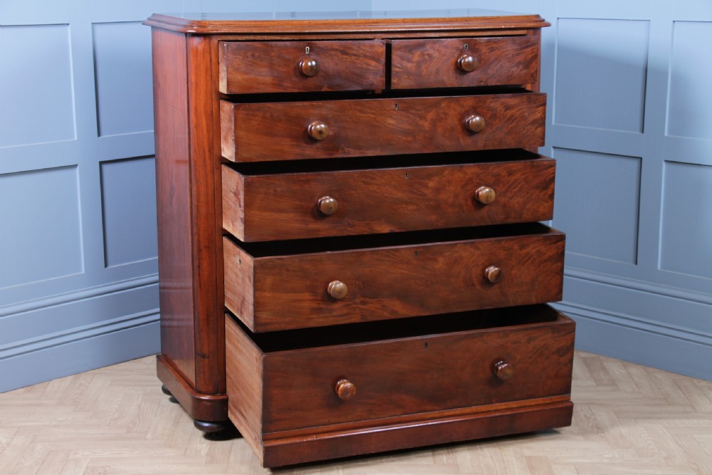 Original Antique Victorian Large Flame Grain Mahogany Chest of 6 Deep Drawers View IV