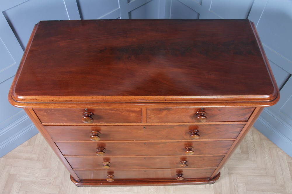 Original Antique Victorian Large Flame Grain Mahogany Chest of 6 Deep Drawers View V